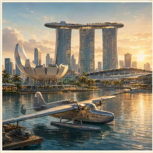 Waterfront skyline at sunset with a vintage flying boat at a jetty